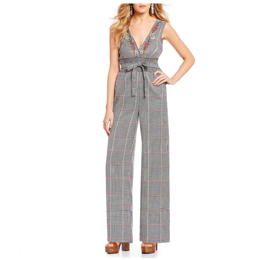 Coco + Jaimeson Belted Tie Menswear Plaid Jumpsuit